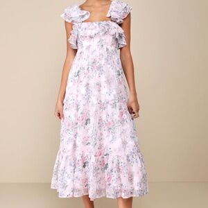 Lulus Genuine Sweetness Light Pink Floral Jacquard Lace-up Midi Dress - Size L
